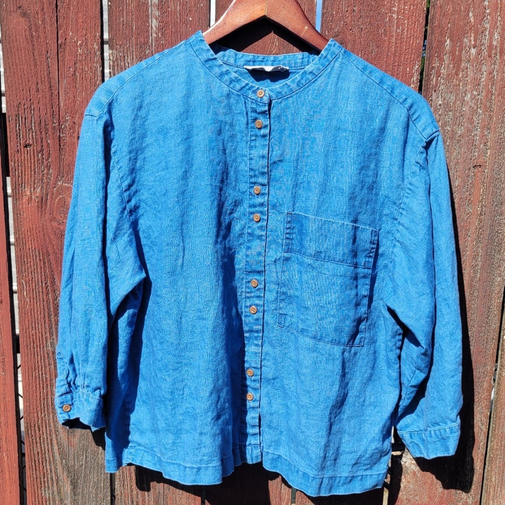 Everlane Blue 100% Linen Billow Blouse Button Down Shirt Relaxed Fit Size M